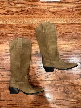 Zara Suede Knee-High Heeled Boots - Tan